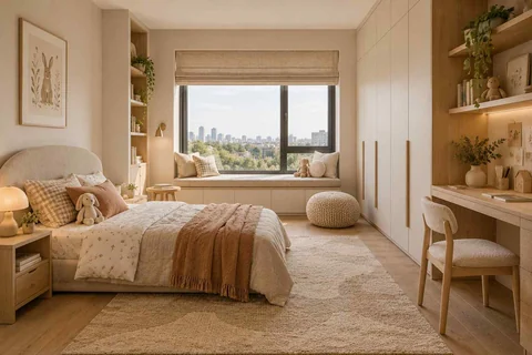 AI concept: a wood bed with cream bedding, a window bench and a built-in desk in a warm neutral bedroom