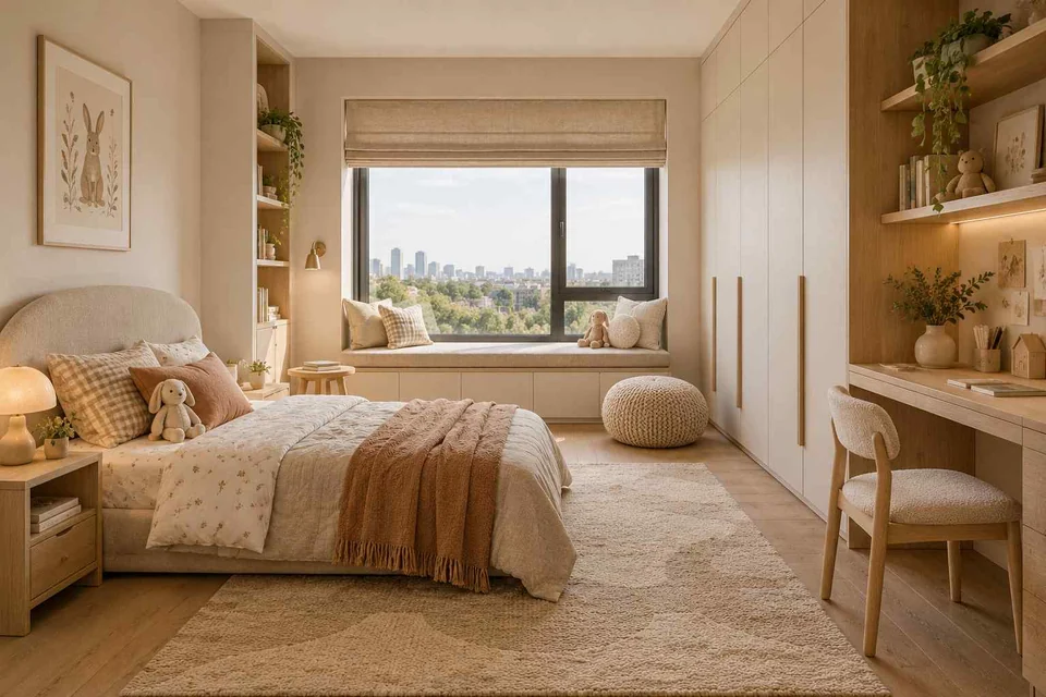 AI concept: a wood bed with cream bedding, a window bench and a built-in desk in a warm neutral bedroom