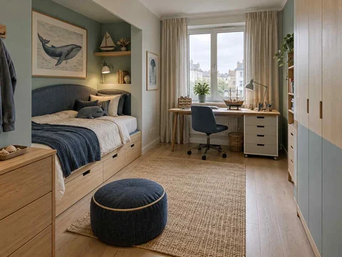AI concept of a bedroom with a recessed sleeping area and a separate desk, with blue bedding and ocean-themed wall art