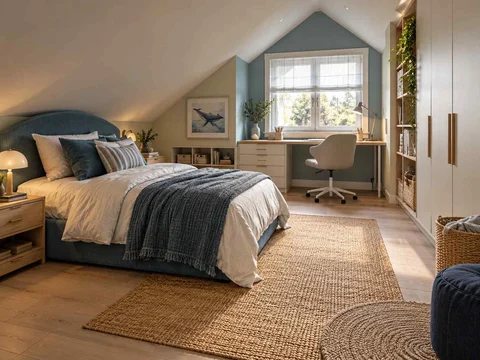 AI concept of a bedroom beneath a sloping ceiling with a bed and desk, with blue bedding and ocean-themed wall art