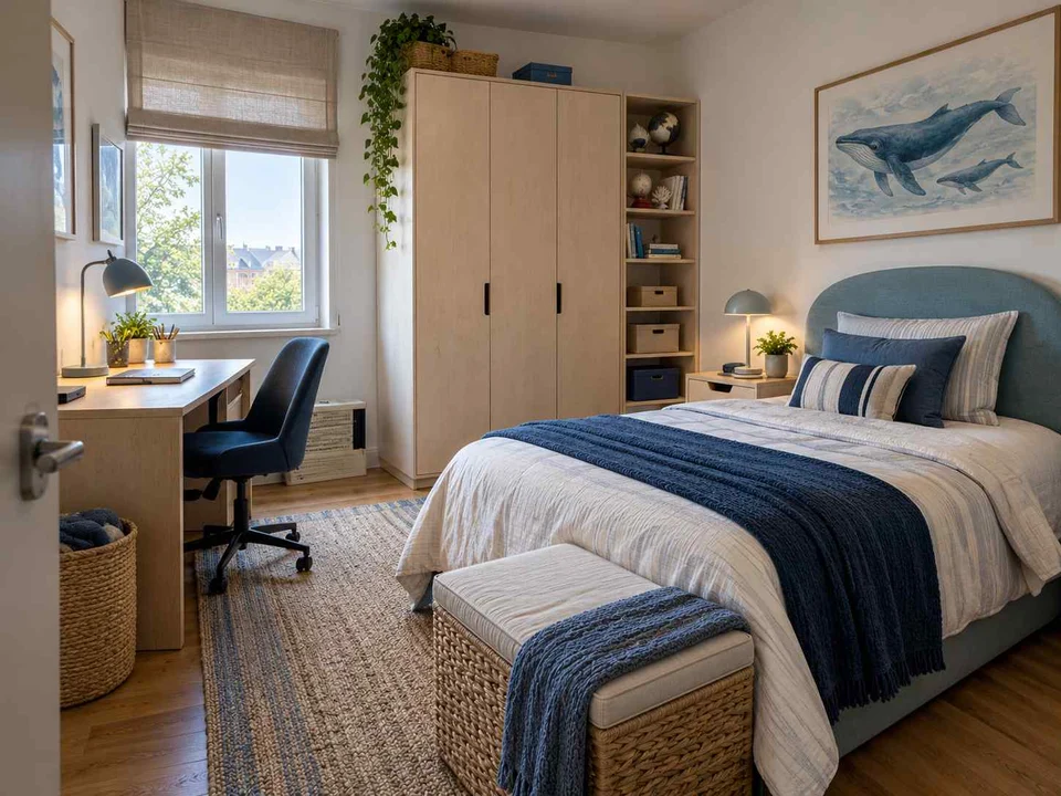 AI concept of a bedroom arranged with a bed, desk and storage furniture, with blue bedding and ocean-themed wall art