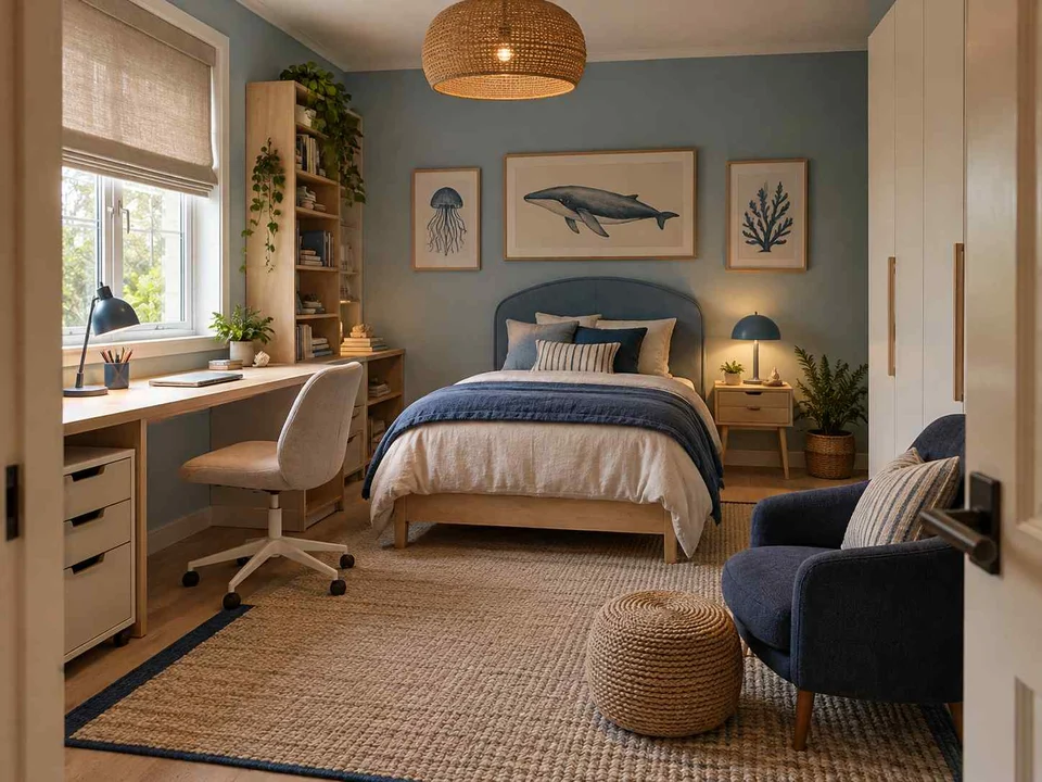 AI concept of a bedroom with desk space, task lighting and nearby storage, with blue bedding and ocean-themed wall art