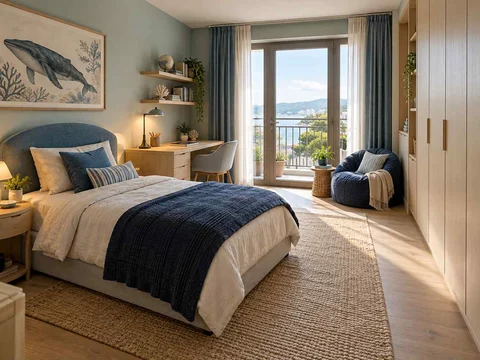 AI concept of a bedroom opening towards full-height glazed doors, with blue bedding and ocean-themed wall art