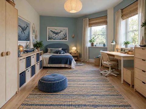 AI concept of a bedroom with a central rug and open floor space for play, with blue bedding and ocean-themed wall art