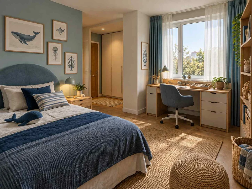 AI concept of a bedroom with a study desk and storage beside the sleeping area, with blue bedding and ocean-themed wall art