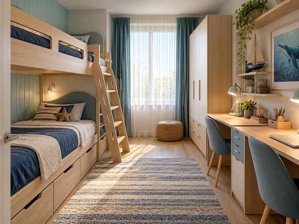 AI concept of bunk beds alongside study furniture and storage, with blue bedding and ocean-themed wall art