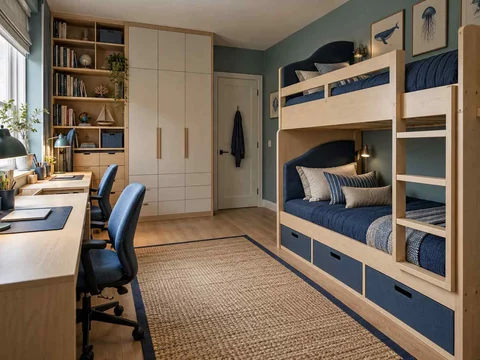 AI concept of bunk beds paired with bookshelves and study space, with blue bedding and ocean-themed wall art