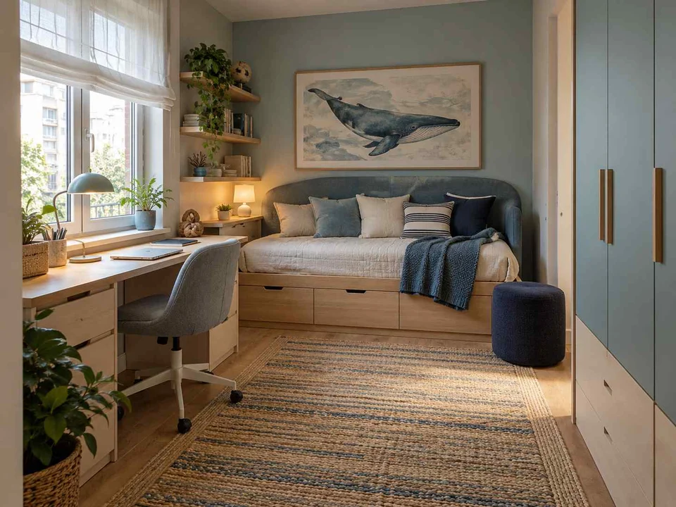 AI concept of a compact bedroom combining a bed, desk and storage, with blue bedding and ocean-themed wall art