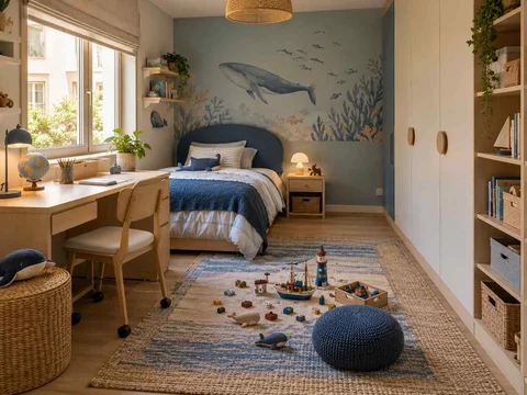AI concept of a daylit bedroom with space for floor play, with blue bedding and ocean-themed wall art