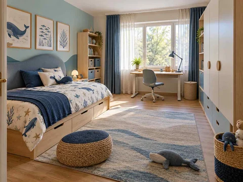 AI concept of a bedroom with a bed, study desk and open central floor space, with blue bedding and ocean-themed wall art