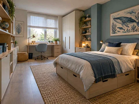 AI concept of a bedroom combining low storage with taller cabinetry or shelving, with blue bedding and ocean-themed wall art