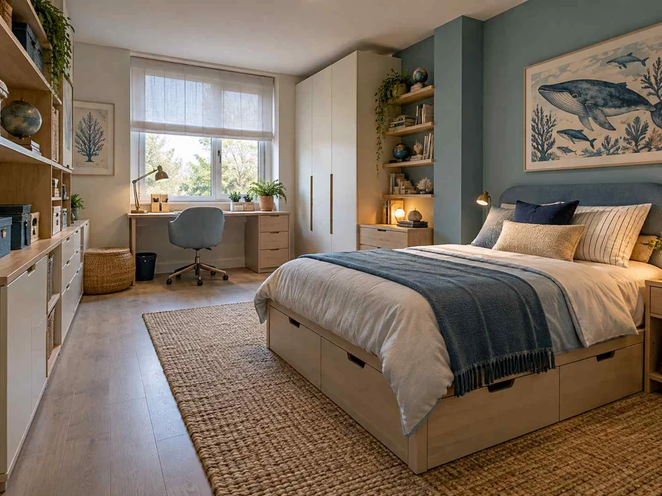 AI concept of a bedroom combining low storage with taller cabinetry or shelving, with blue bedding and ocean-themed wall art