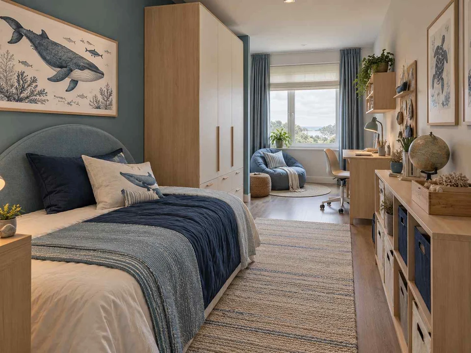 AI concept of a long bedroom with sleeping and study areas arranged along its length, with blue bedding and ocean-themed wall art