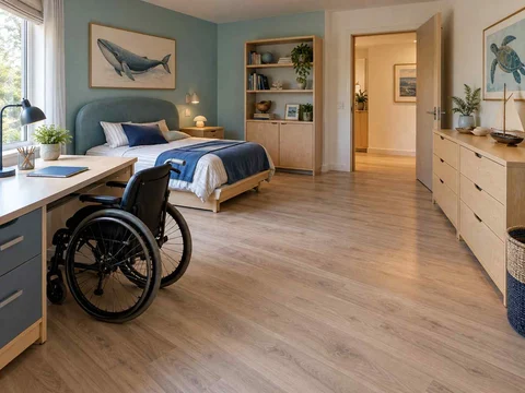 AI concept of a bedroom with an open central floor area and furniture arranged around its edges, with blue bedding and ocean-themed wall art