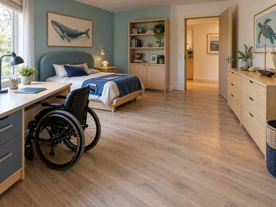 AI concept of a bedroom with an open central floor area and furniture arranged around its edges, with blue bedding and ocean-themed wall art