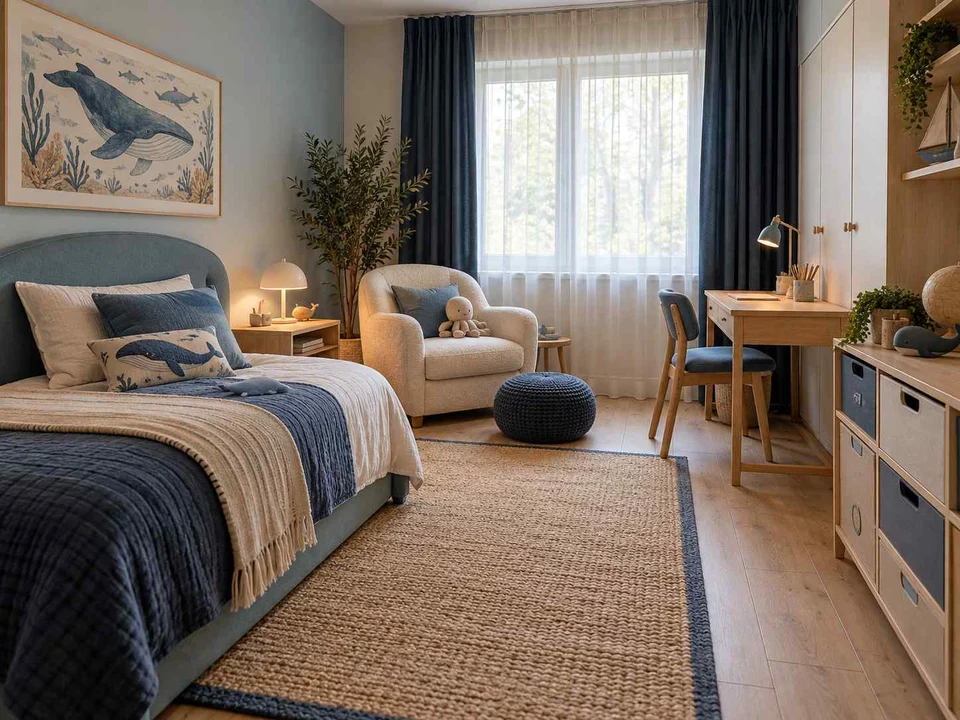AI concept of a bedroom arranged around sleep, storage and a small sitting area, with blue bedding and ocean-themed wall art