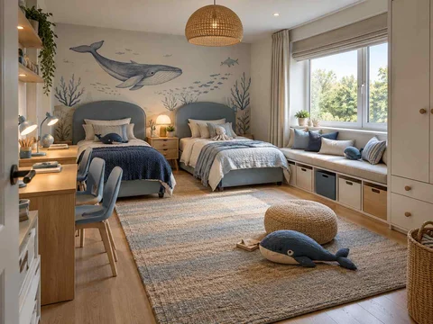 AI concept of a shared bedroom with twin sleeping areas and daylight from the window side, with blue bedding and ocean-themed wall art