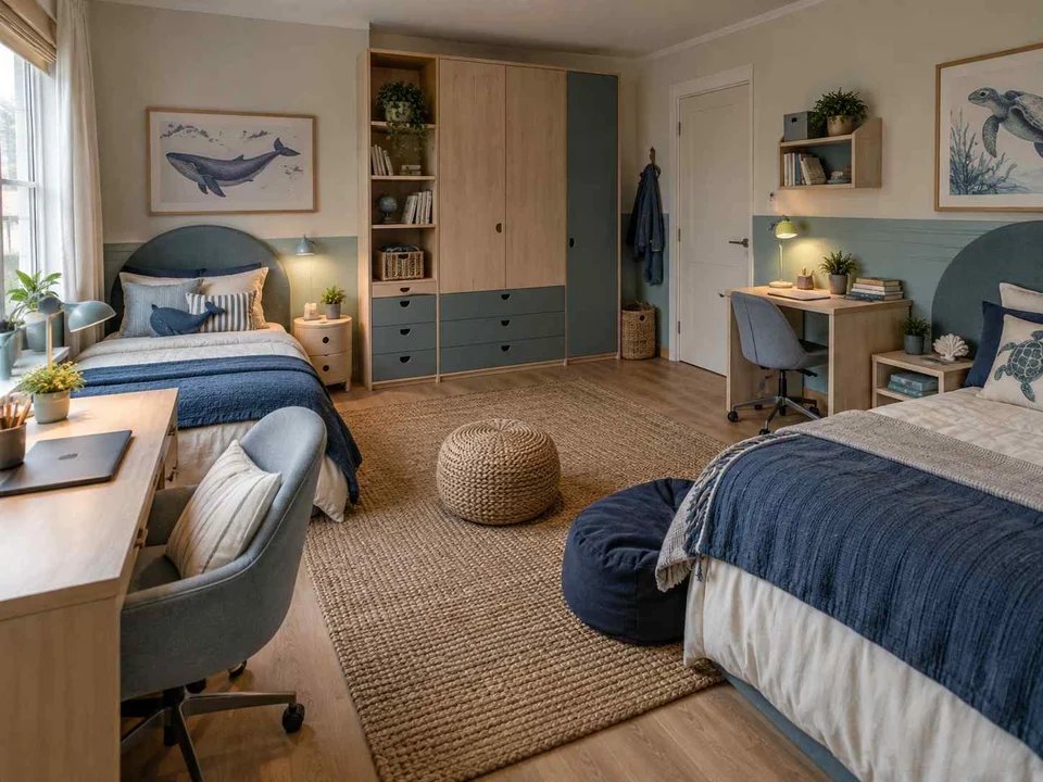 AI concept of a shared bedroom with two sleeping areas and desk space, with blue bedding and ocean-themed wall art