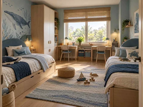 AI concept of two beds arranged around a shared central floor area, with blue bedding and ocean-themed wall art