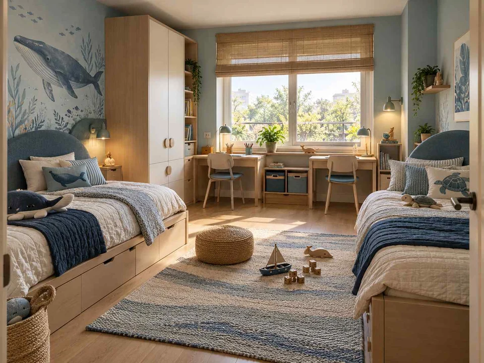 AI concept of two beds arranged around a shared central floor area, with blue bedding and ocean-themed wall art