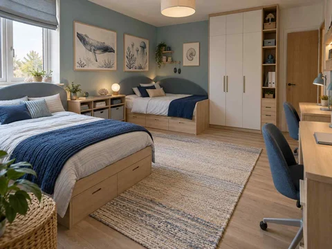 AI concept of a shared bedroom with two sleeping areas and study furniture, with blue bedding and ocean-themed wall art