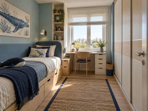 AI concept of a small bedroom with a bed, study furniture and integrated storage, with blue bedding and ocean-themed wall art