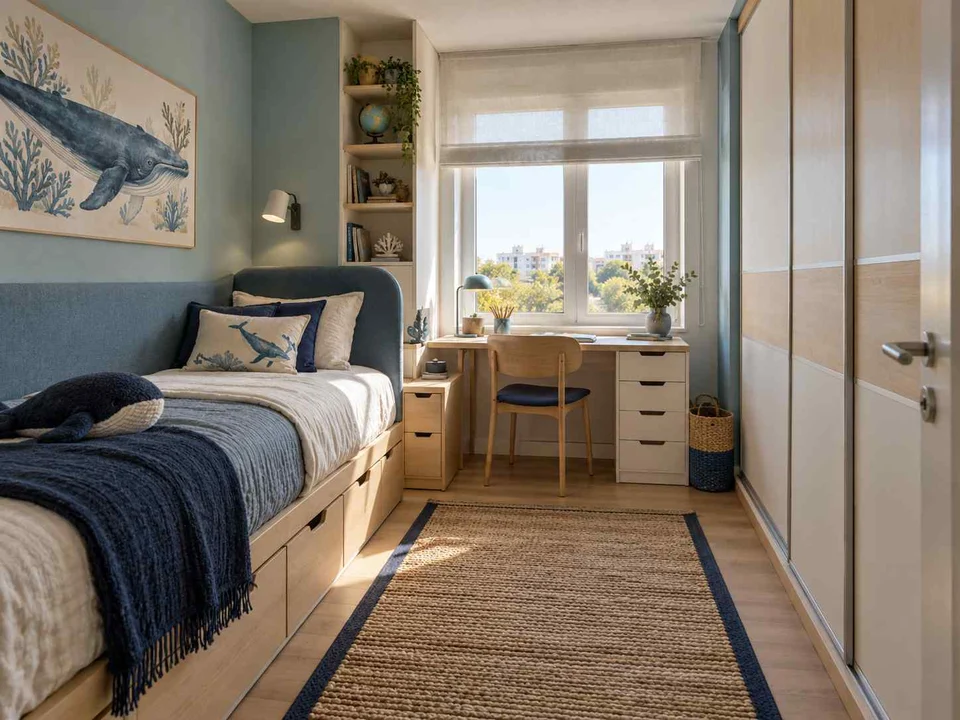 AI concept of a small bedroom with a bed, study furniture and integrated storage, with blue bedding and ocean-themed wall art