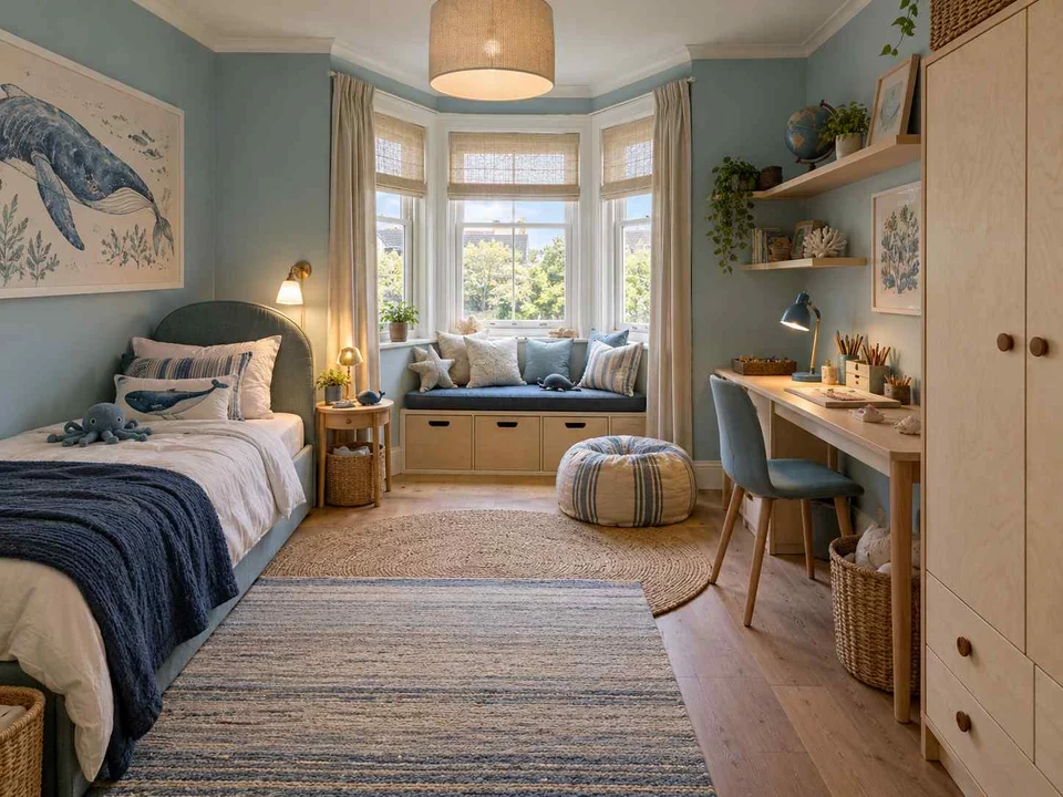 AI concept of a bedroom with a window-side seating area, with blue bedding and ocean-themed wall art