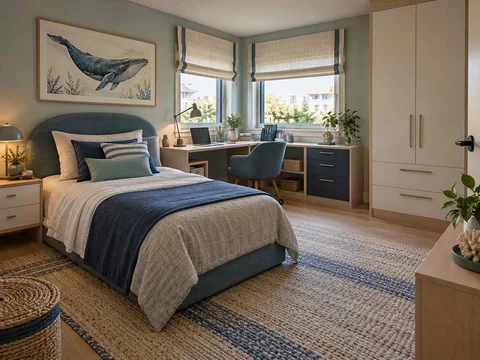 AI concept of a bedroom with a desk positioned near a window, with blue bedding and ocean-themed wall art