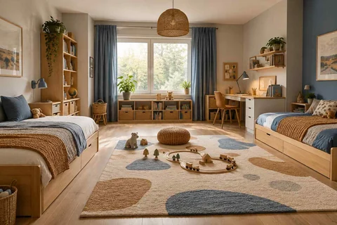 AI concept: two different sleeping areas surround a central play rug and low activity table