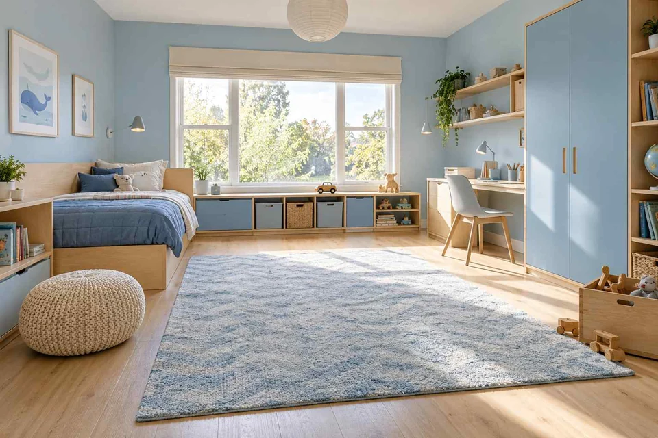 AI concept: a single bed and study desk leave a broad central rug open for floor play