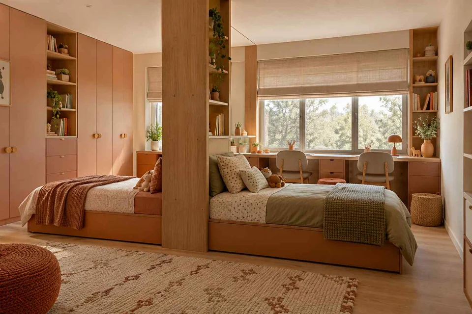 AI concept: two sleeping zones separated by timber shelving and contrasting pastel colours