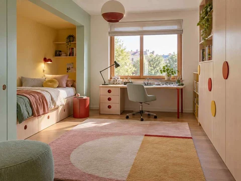 AI concept of a bedroom with a recessed sleeping area and a separate desk, with pastel furniture and geometric colour accents