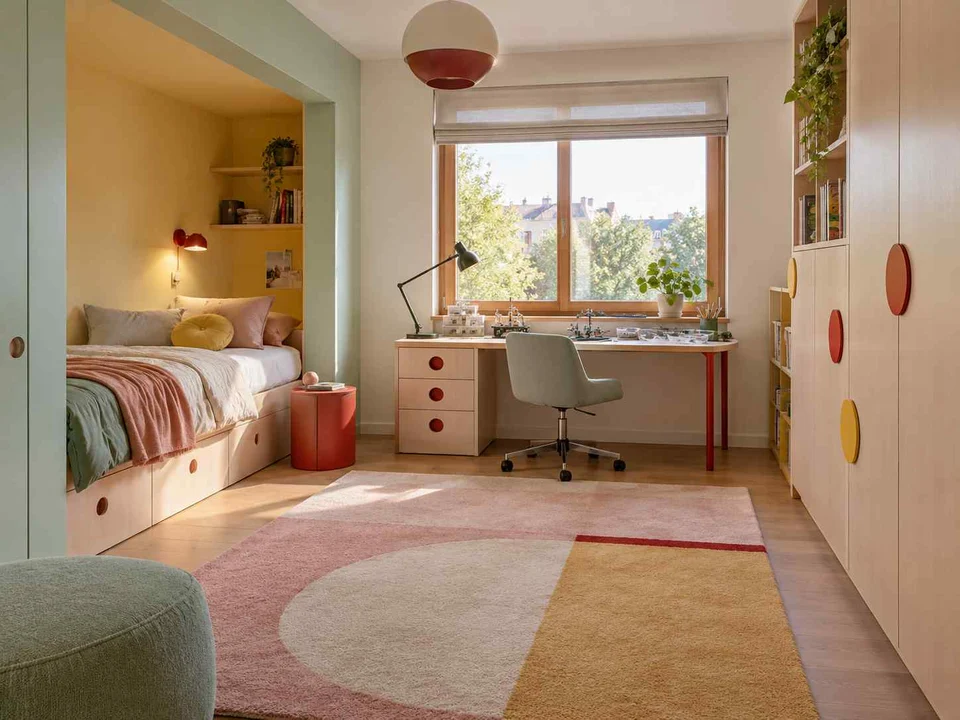 AI concept of a bedroom with a recessed sleeping area and a separate desk, with pastel furniture and geometric colour accents
