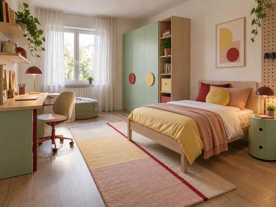 AI concept of a bedroom arranged with a bed, desk and storage furniture, with pastel furniture and geometric colour accents