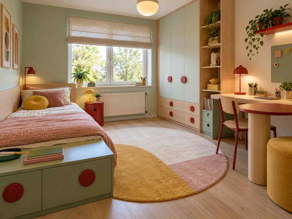 AI concept of sleeping and homework areas within the same room, with pastel furniture and geometric colour accents