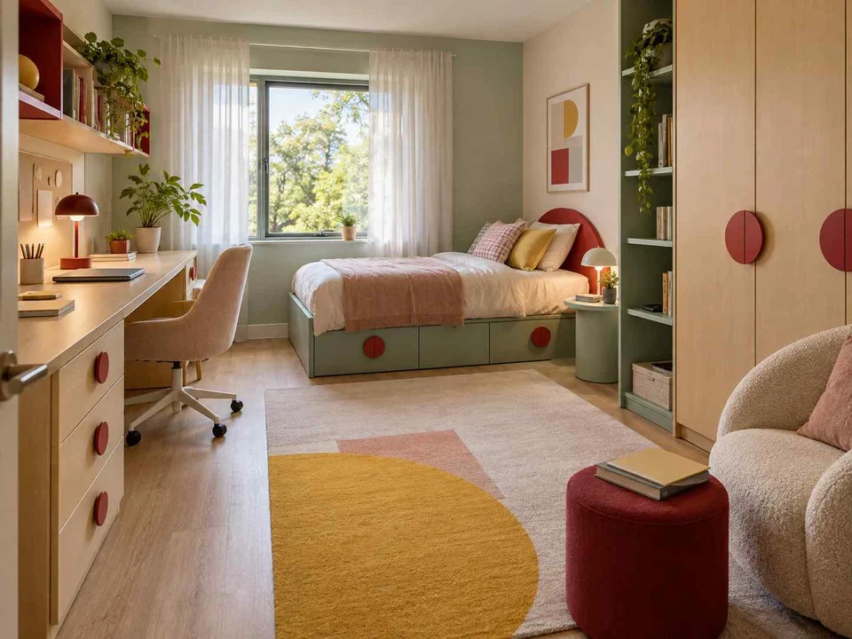 AI concept of a bedroom with desk space, task lighting and nearby storage, with pastel furniture and geometric colour accents