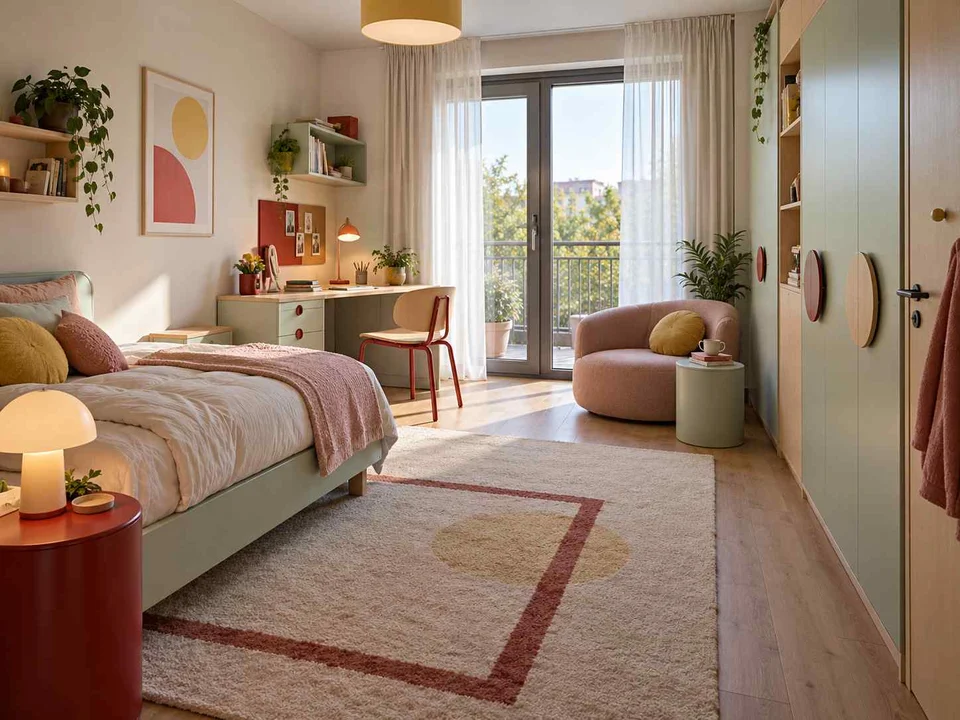 AI concept of a bedroom opening towards full-height glazed doors, with pastel furniture and geometric colour accents