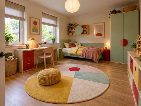 AI concept of a bedroom with a central rug and open floor space for play, with pastel furniture and geometric colour accents