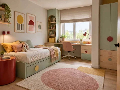 AI concept of a bedroom with a study desk and storage beside the sleeping area, with pastel furniture and geometric colour accents