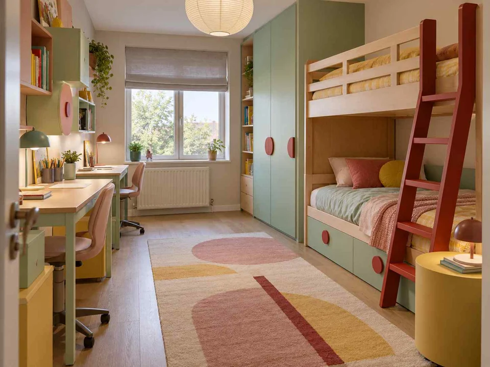 AI concept of bunk beds alongside study furniture and storage, with pastel furniture and geometric colour accents