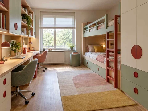AI concept of bunk beds paired with bookshelves and study space, with pastel furniture and geometric colour accents