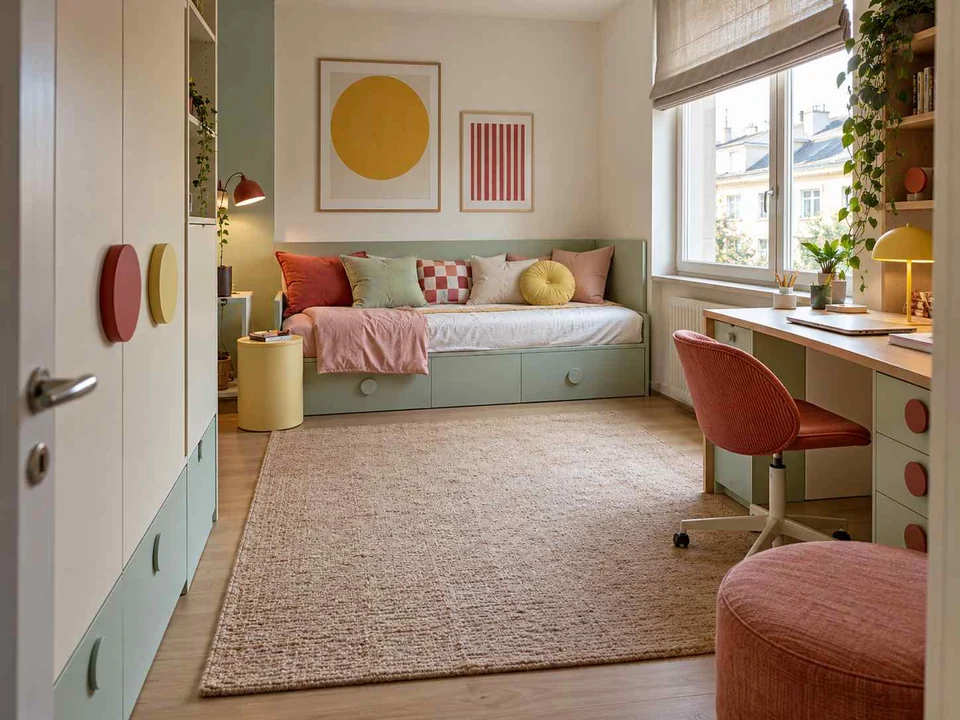 AI concept of a compact bedroom combining a bed, desk and storage, with pastel furniture and geometric colour accents