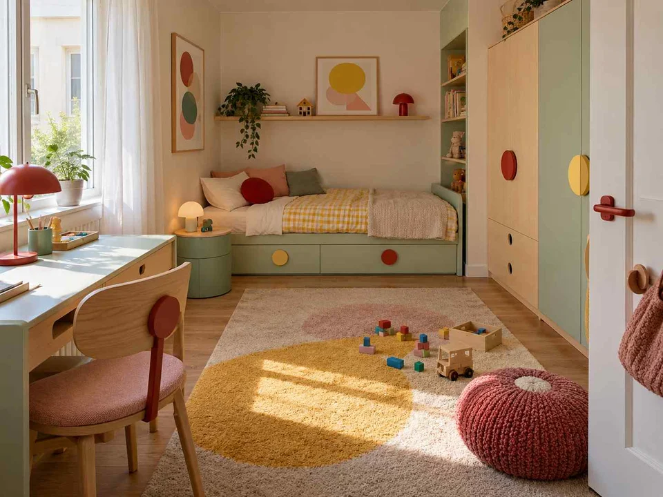 AI concept of a daylit bedroom with space for floor play, with pastel furniture and geometric colour accents