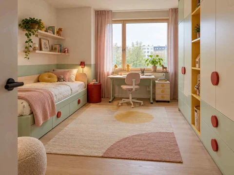 AI concept of a bedroom with a bed, study desk and open central floor space, with pastel furniture and geometric colour accents