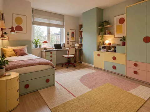 AI concept of a bedroom combining low storage with taller cabinetry or shelving, with pastel furniture and geometric colour accents