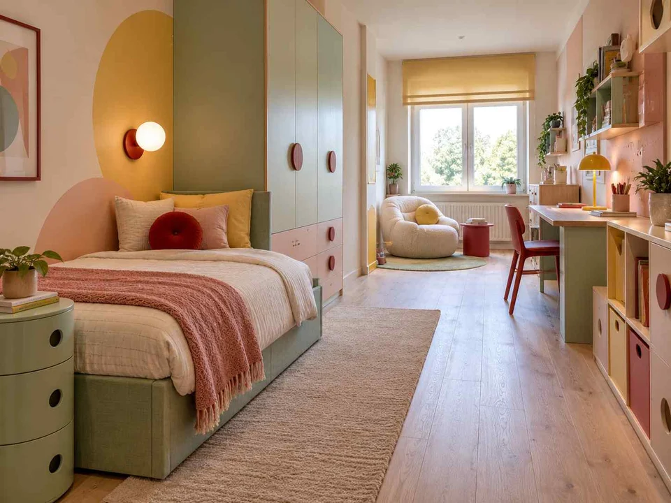 AI concept of a long bedroom with sleeping and study areas arranged along its length, with pastel furniture and geometric colour accents