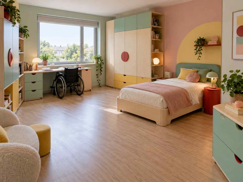 AI concept of a bedroom with an open central floor area and furniture arranged around its edges, with pastel furniture and geometric colour accents