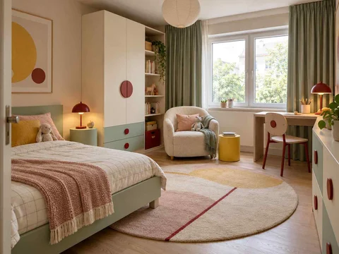 AI concept of a bedroom arranged around sleep, storage and a small sitting area, with pastel furniture and geometric colour accents
