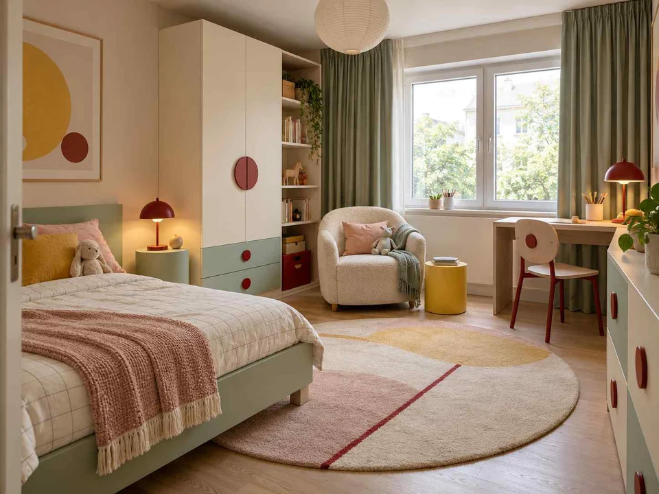 AI concept of a bedroom arranged around sleep, storage and a small sitting area, with pastel furniture and geometric colour accents